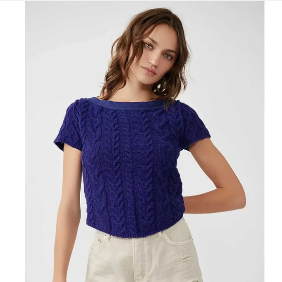 Free People Baby Thick Cable Tee in Blue Size Small - Picture 1 of 7